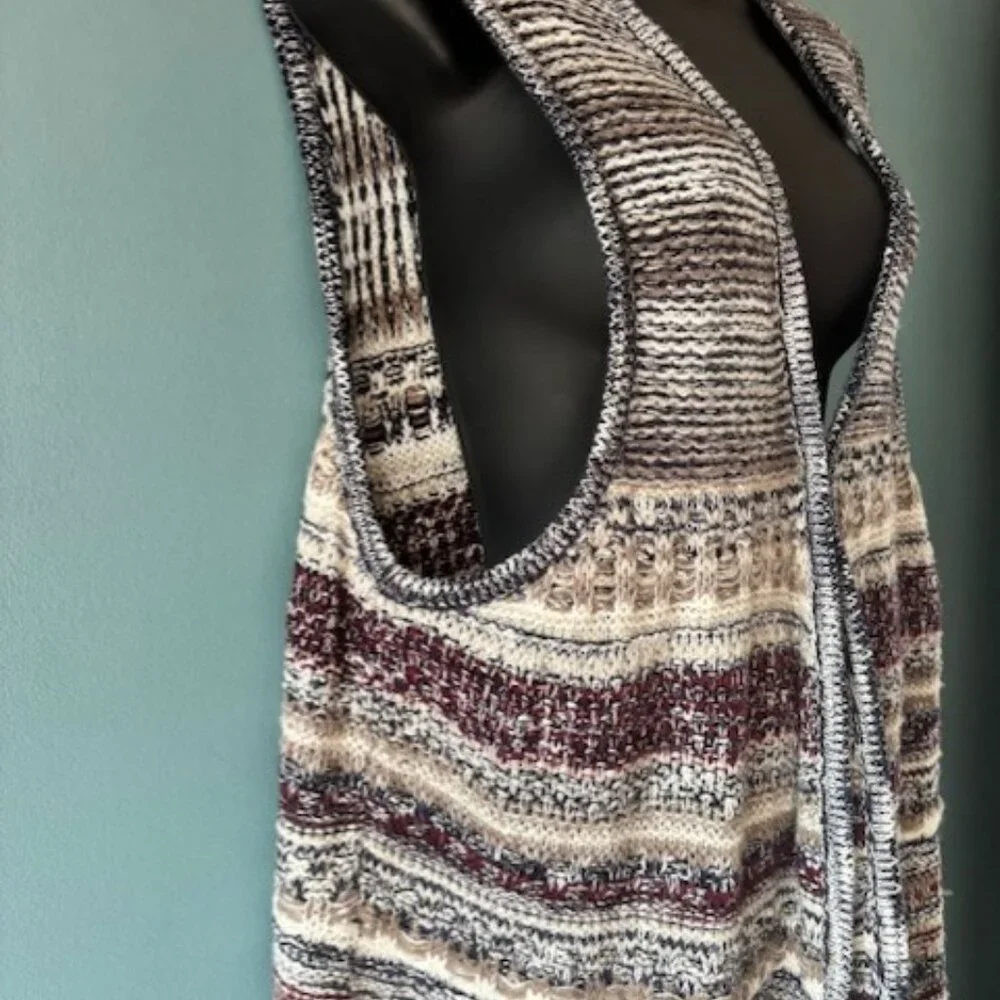 Cato Open Front Cardigan Sweater Loose Knit Fringe Neutral Beige Navy 22/24 W - Picture 2 of 9